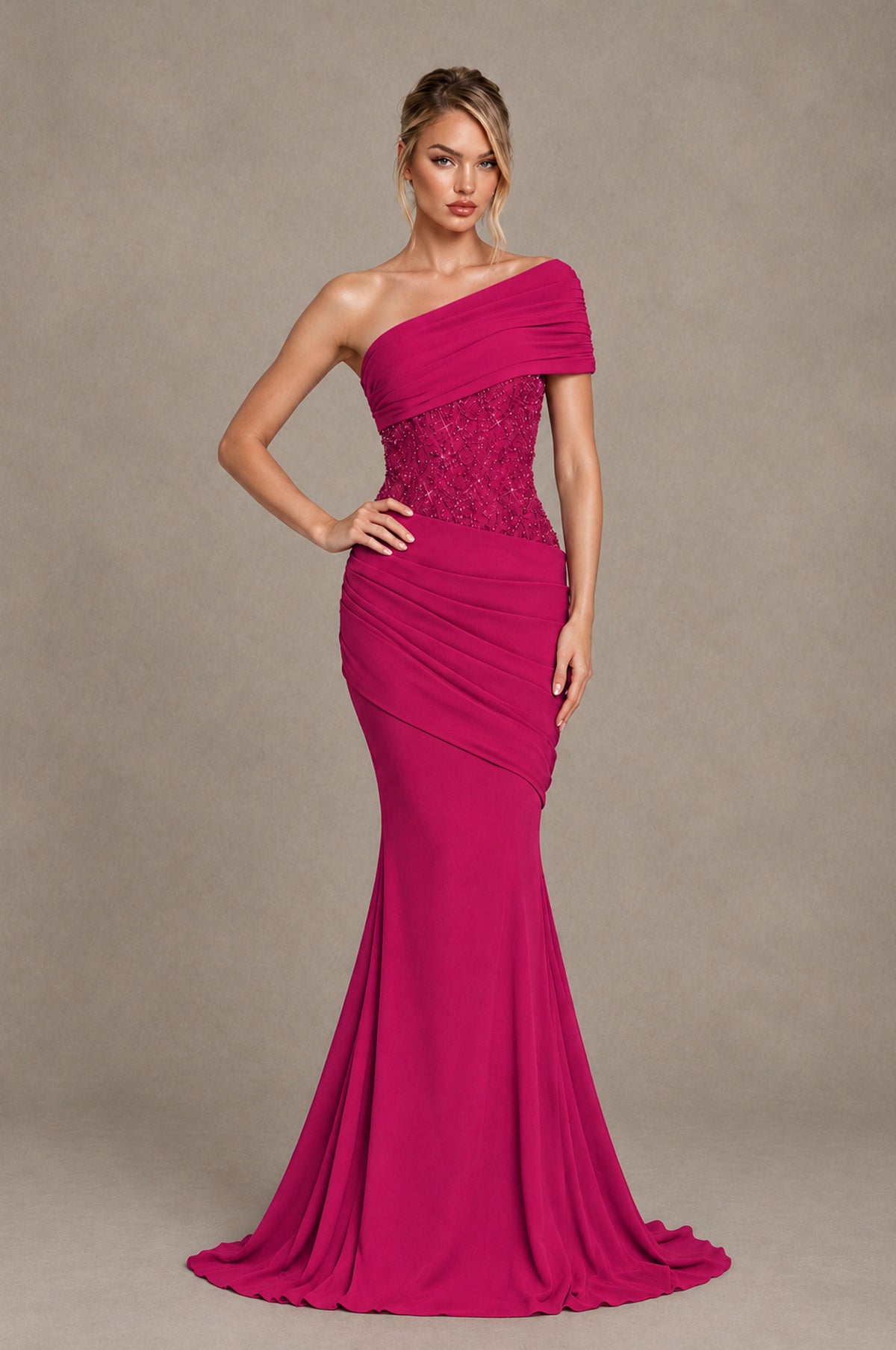 BOLODOO Fuchsia One-Shoulder Sequin Embroidered Ruched Mermaid Gown with Train - Fuchsia - Fuchsia_3