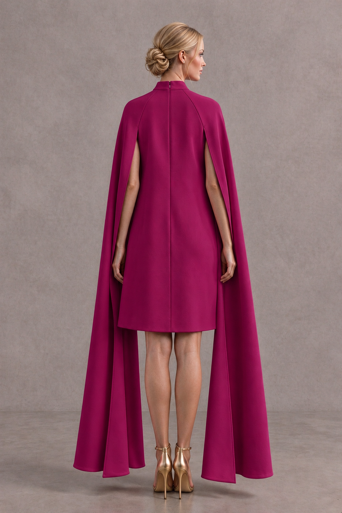 BOLODOO Fuchsia High Neck Floral Cape Mini Cocktail Dress - Fuchsia - Fuchsia_3