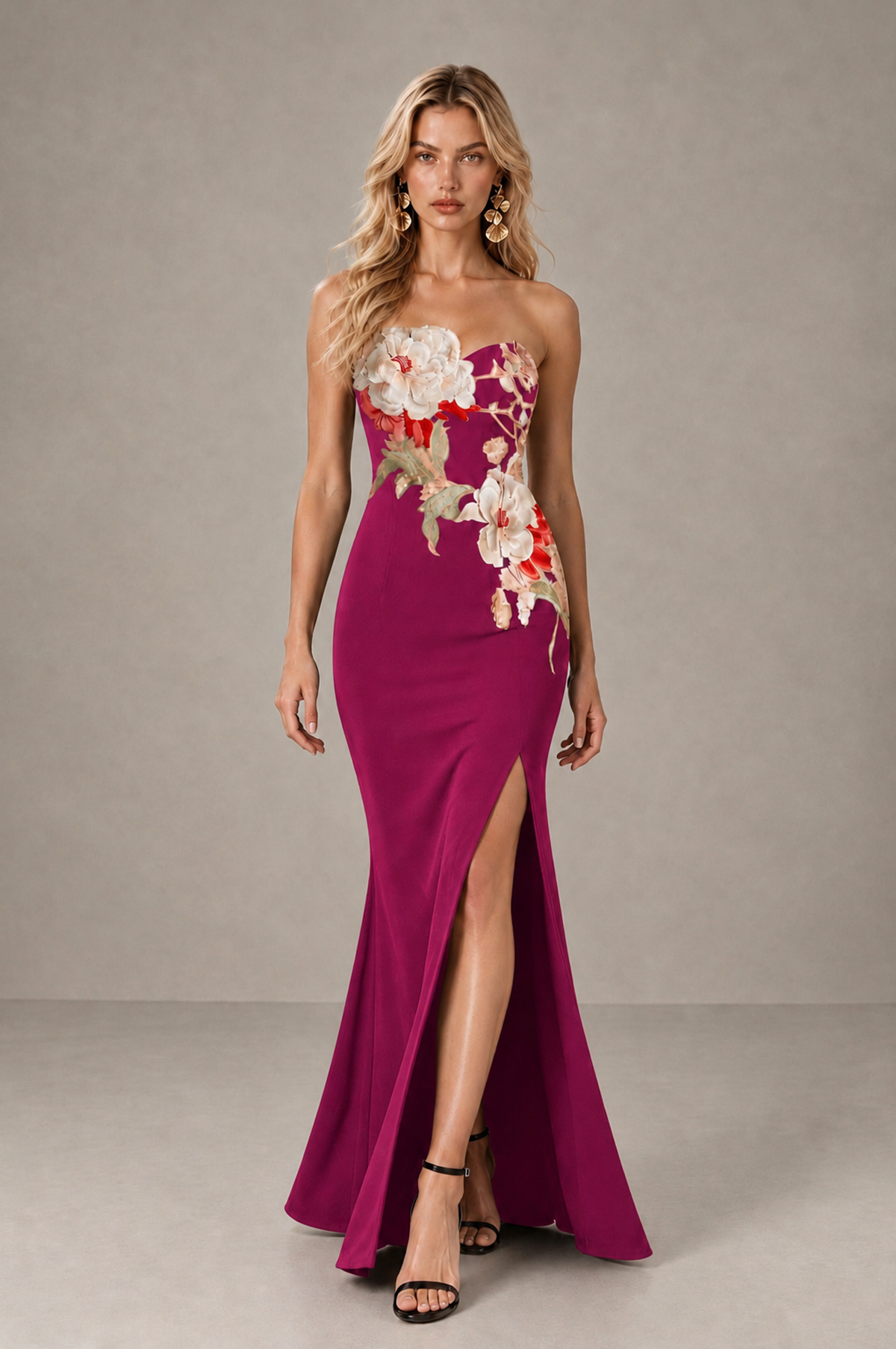 BOLODOO Fuchsia Strapless Floral Mermaid Evening Dress with Slit - Fuchsia - Fuchsia_3