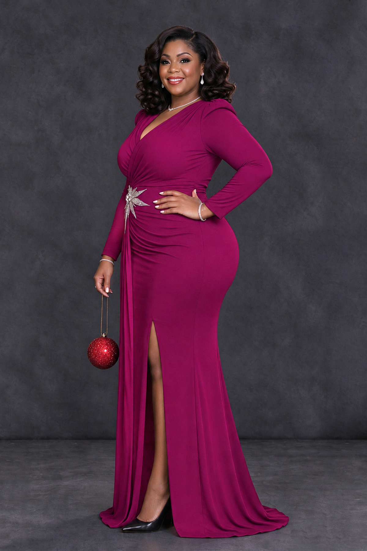 BOLODOO Fuchsia Plus Size Long Sleeve V-Neck Mother of the Bride Dress with Slit - Fuchsia - Fuchsia_3