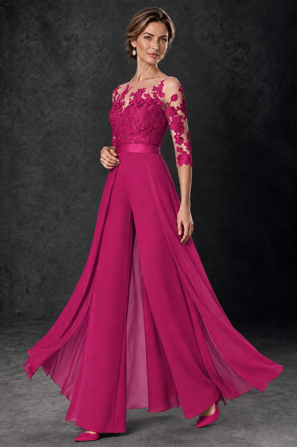 BOLODOO Fuchsia Lace Wide-Leg Jumpsuit with Three-Quarter Sleeves - Fuchsia - Fuchsia_3