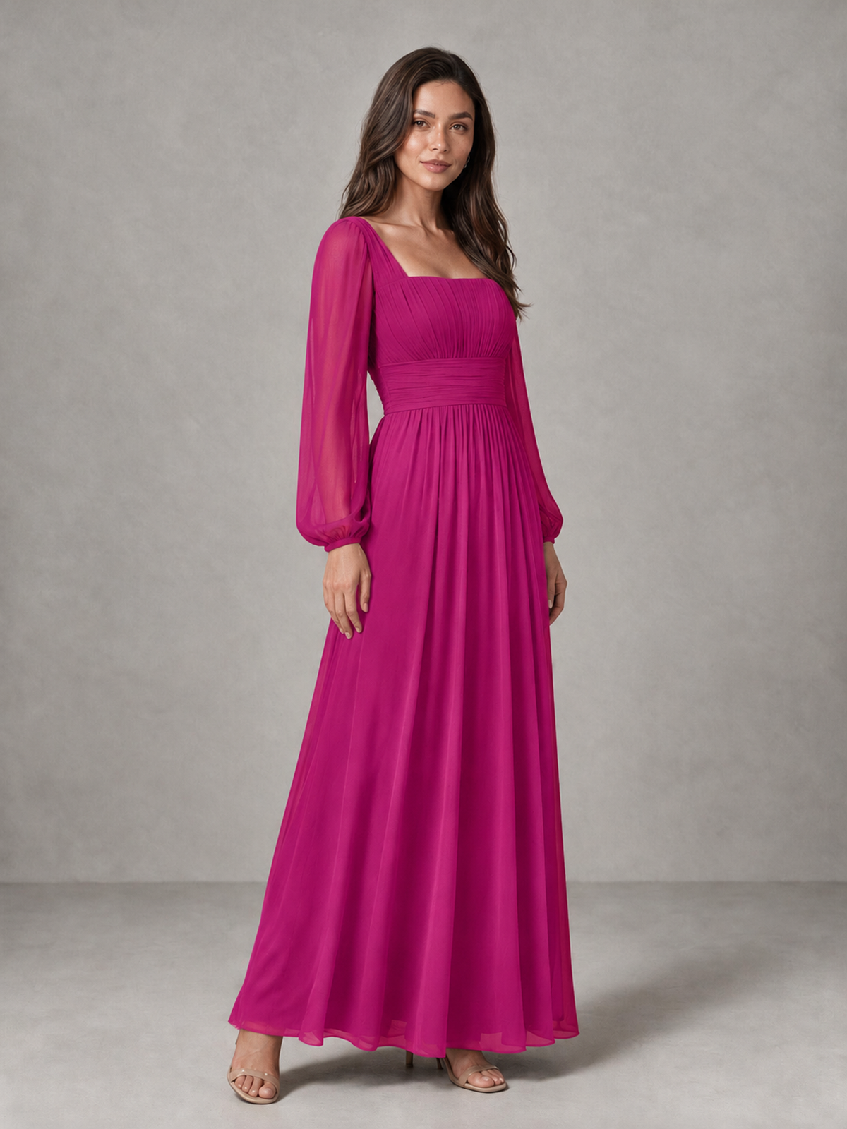 BOLODOO Fuchsia Square Neck Long Sleeve Chiffon Bridesmaid Dress - Fuchsia - Fuchsia_3