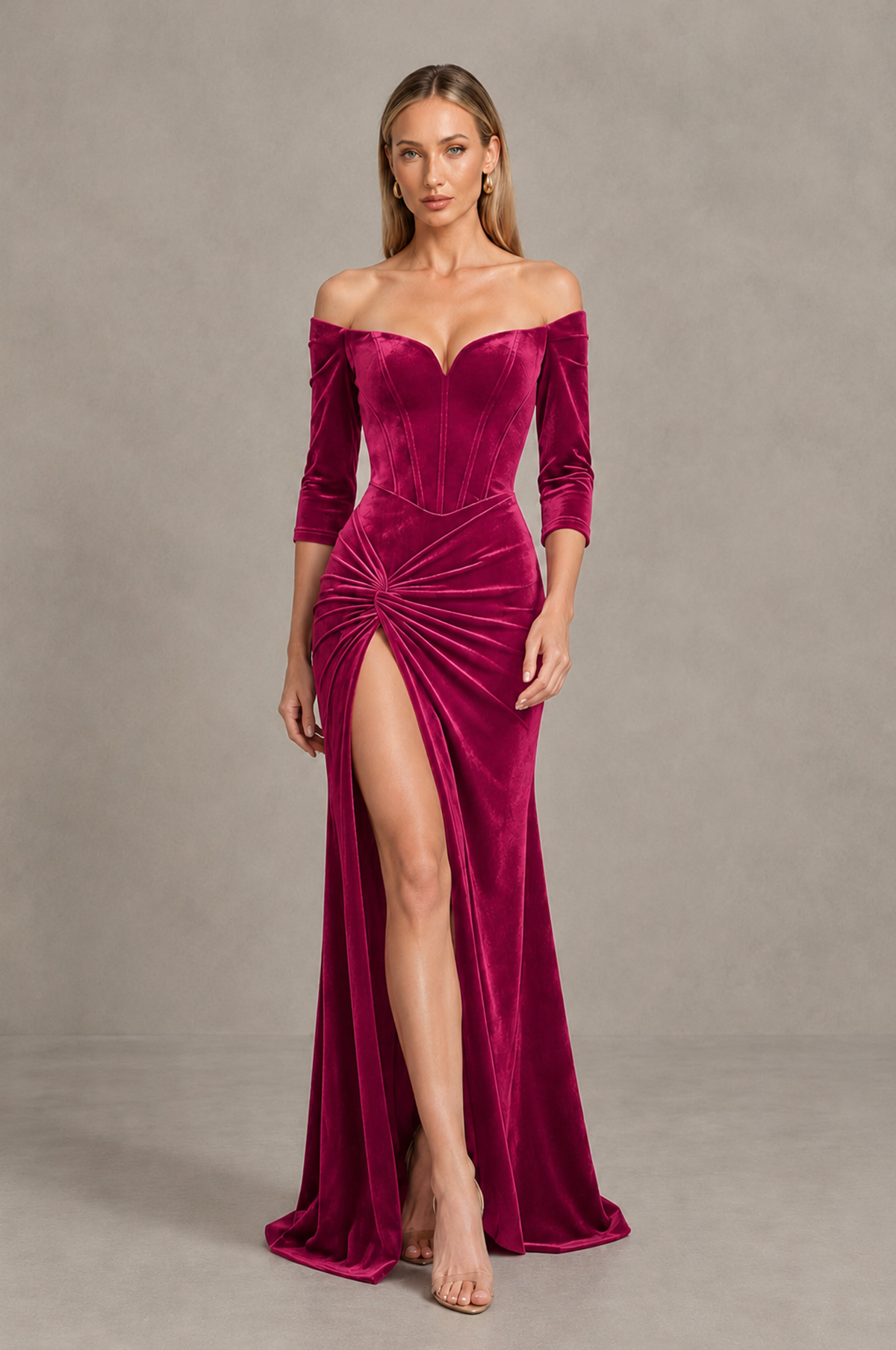 BOLODOO Fuchsia Off-Shoulder Velvet Evening Dress with High Slit - Fuchsia - Fuchsia_3