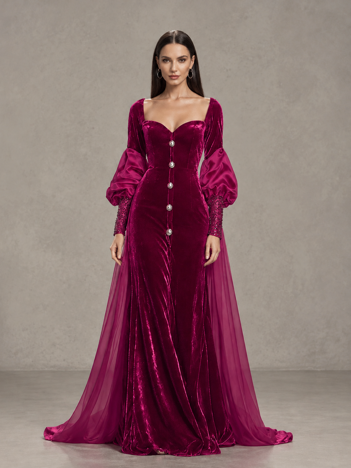 BOLODOO Fuchsia Velvet Long Sleeve Open-Back Evening Gown - Fuchsia - Fuchsia_3