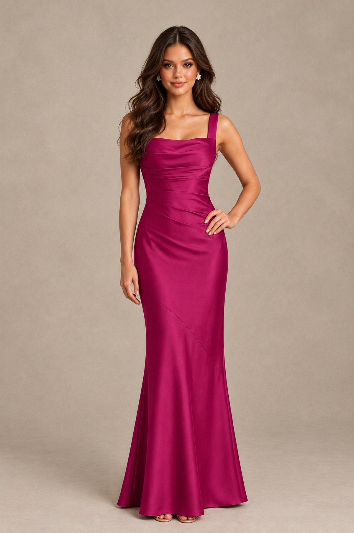 BOLODOO Fuchsia Square Neck Ruched Satin Lace-Up Bridesmaid Dress - Fuchsia - Fuchsia_3