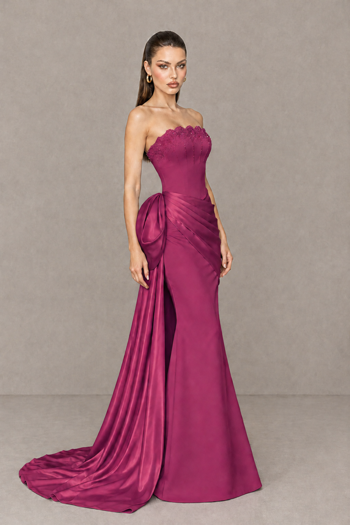 BOLODOO Fuchsia Strapless Satin Prom Dress with Draped Side Train - Fuchsia - Fuchsia_3