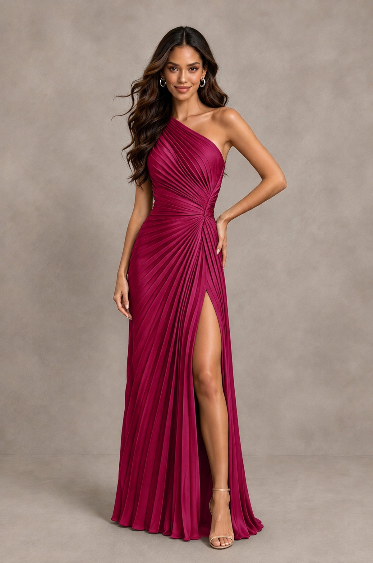 BOLODOO Fuchsia One Shoulder Pleated Evening Dress with Ruched Waist and High Slit - Fuchsia - Fuchsia_3