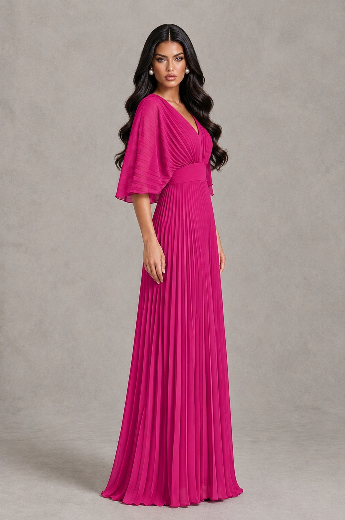 BOLODOO Fuchsia V-Neck Pleated Flutter Sleeve Formal Dress - Fuchsia - Fuchsia_3