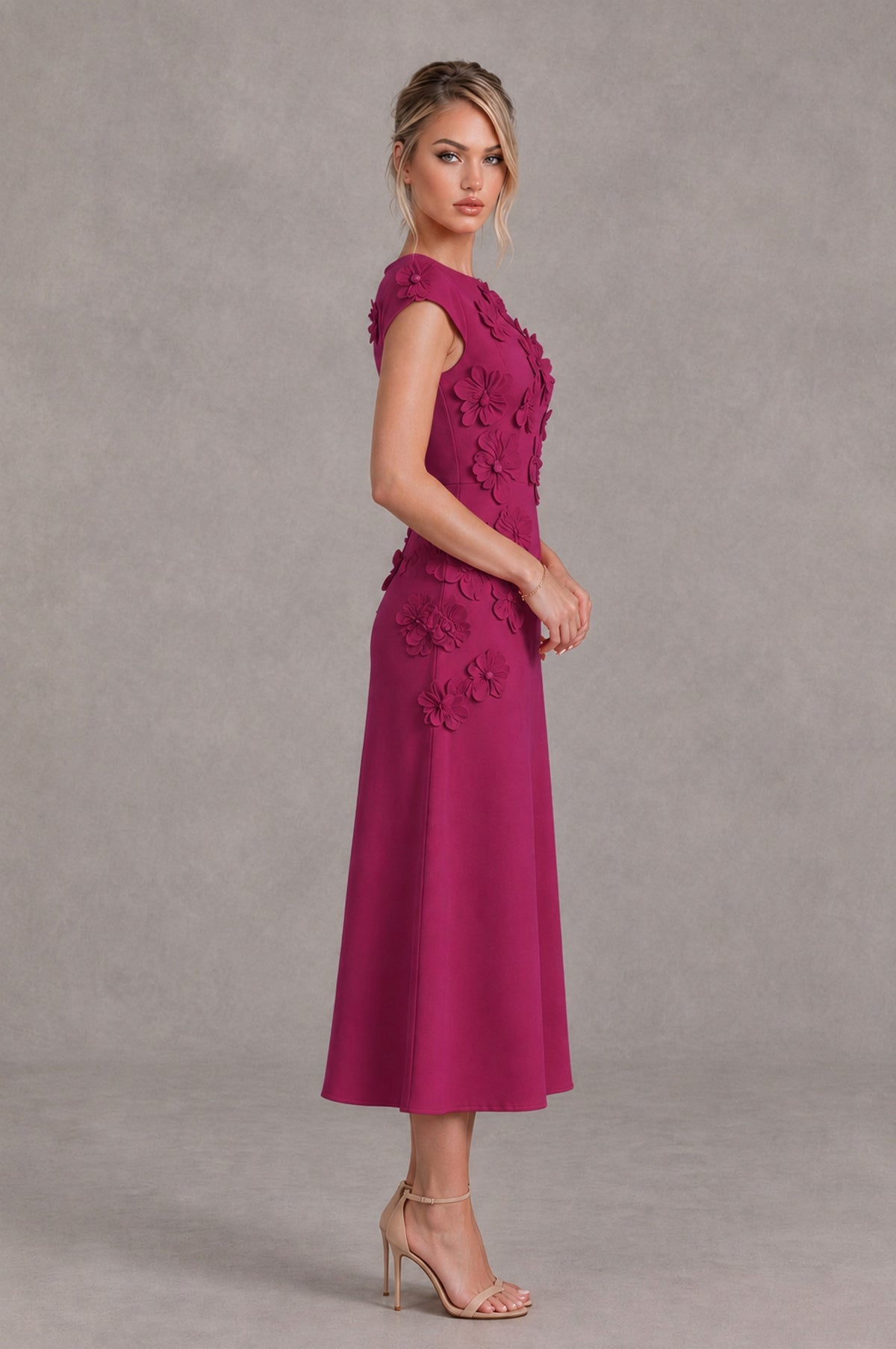 BOLODOO Fuchsia 3D Floral Cap Sleeve Midi Cocktail Dress - Fuchsia - Fuchsia_3