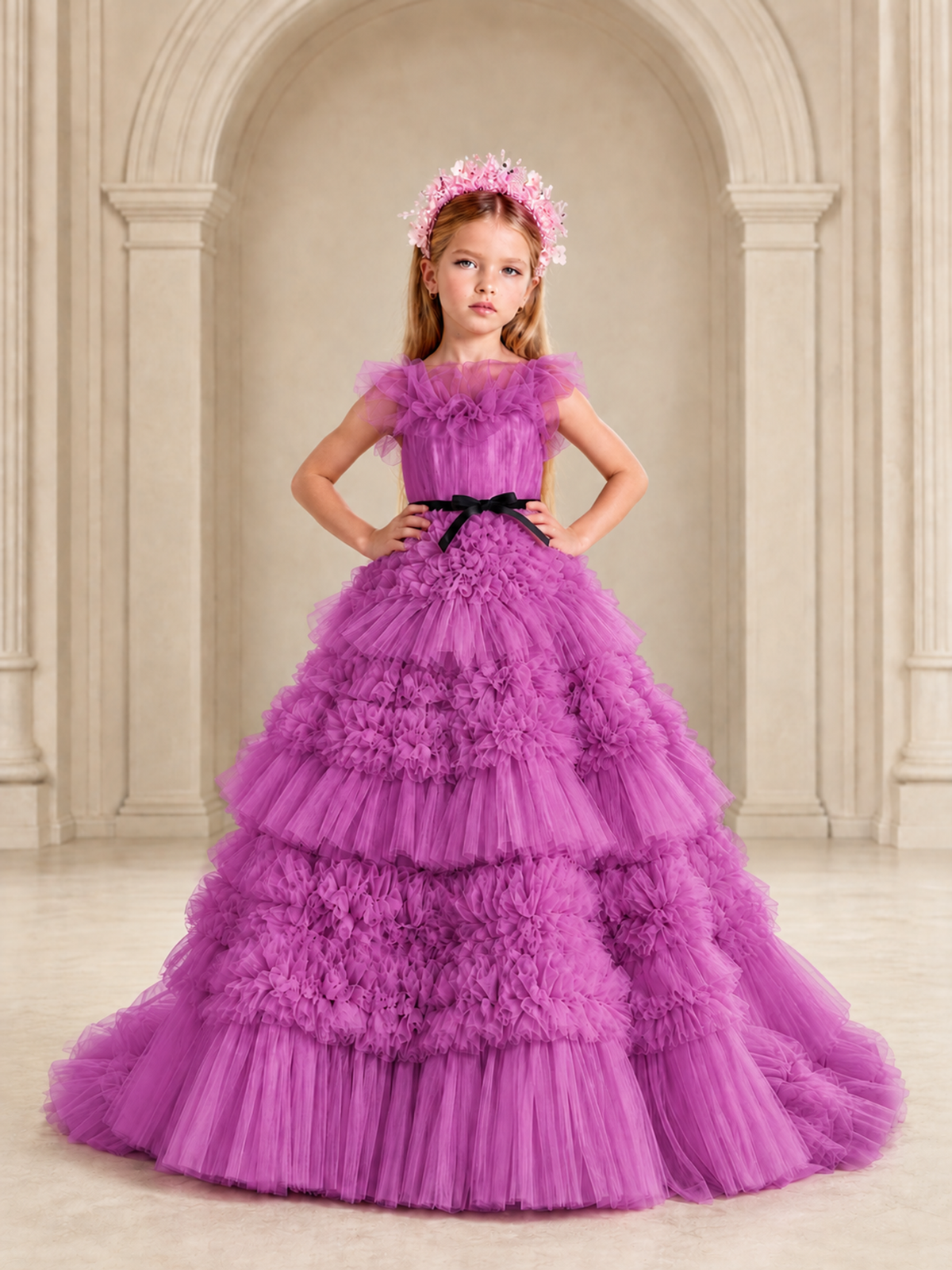 BOLODOO Fuchsia Tiered Tulle Flower Girl Dress with Floral Appliques - Fuchsia - Fuchsia_3