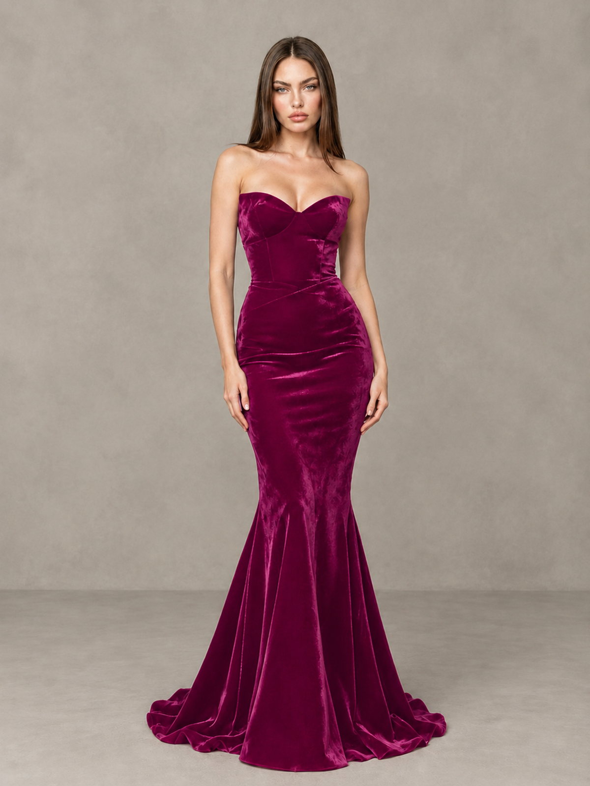 BOLODOO Fuchsia Strapless Sweetheart Velvet-Look Mermaid Evening Dress - Fuchsia - Fuchsia_3