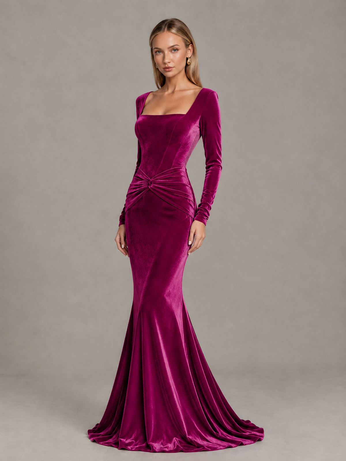 BOLODOO Fuchsia Velvet-Look Square Neck Long Sleeve Mermaid Evening Dress - Fuchsia - Fuchsia_3