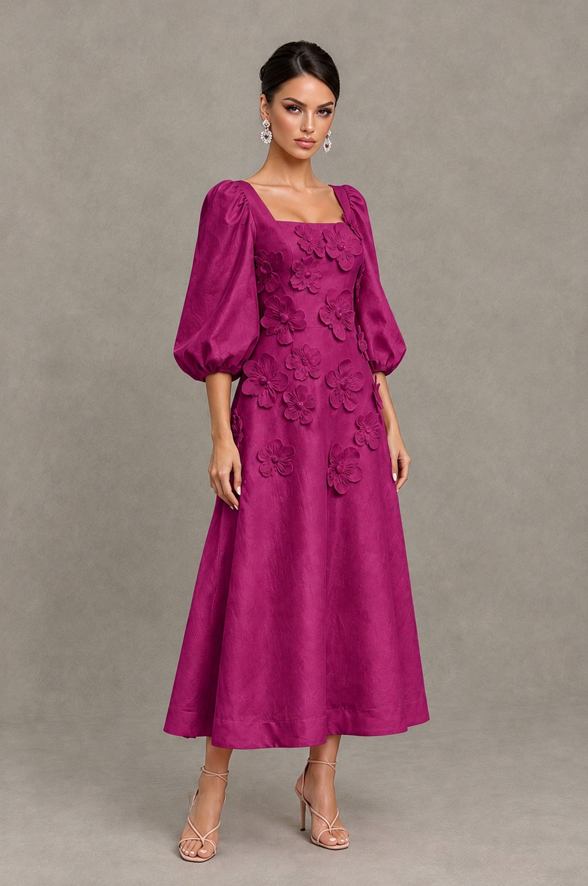 BOLODOO Fuchsia 3D Floral Puff Sleeve Midi Cocktail Dress - Fuchsia - Fuchsia_3
