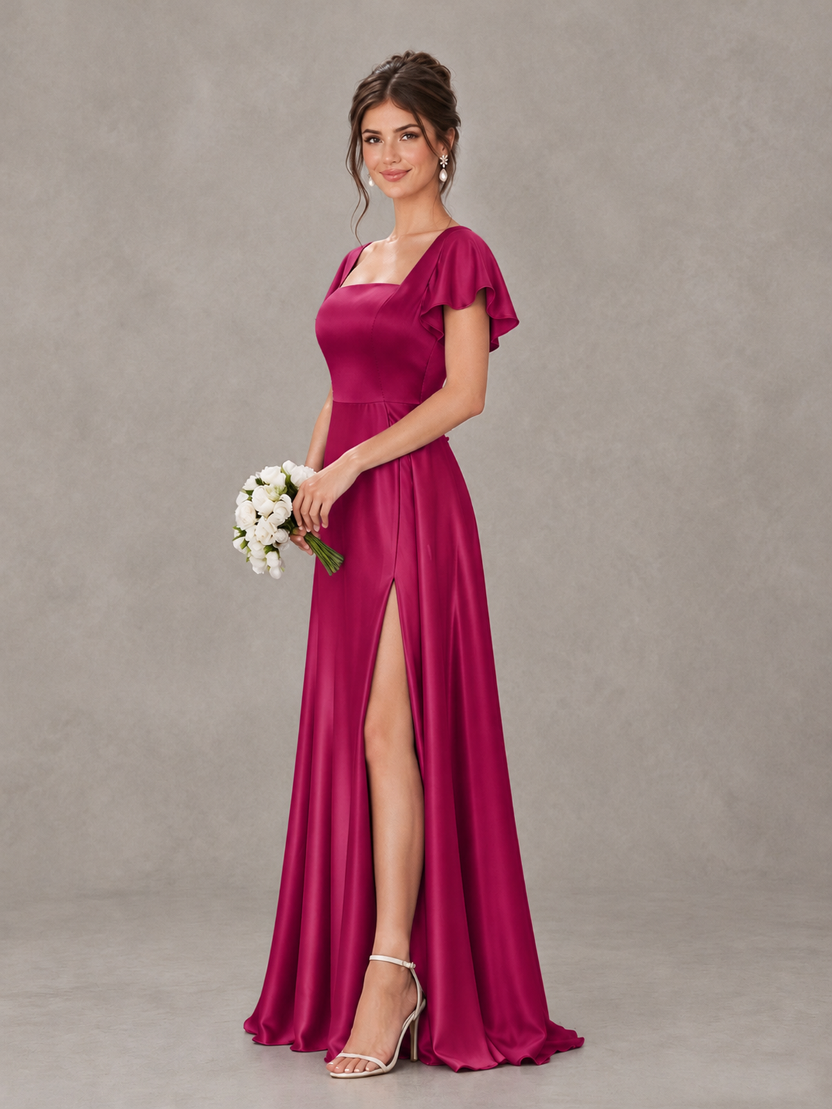 BOLODOO Fuchsia Satin Square Neck Flutter Sleeve A-Line Bridesmaid Dress with Slit - Fuchsia - Fuchsia_3