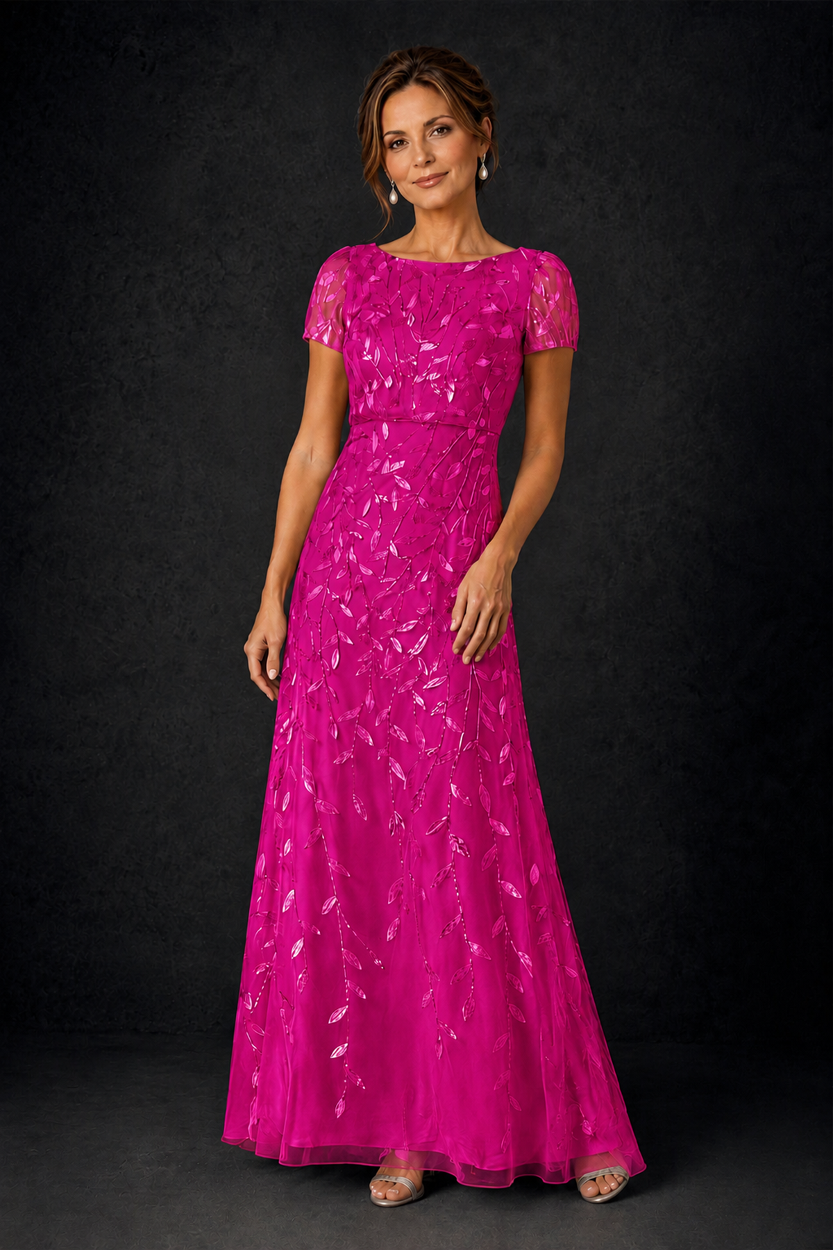 BOLODOO Fuchsia Leaf Embroidered A-Line Formal Gown with Cap Sleeves - Fuchsia - Fuchsia_3