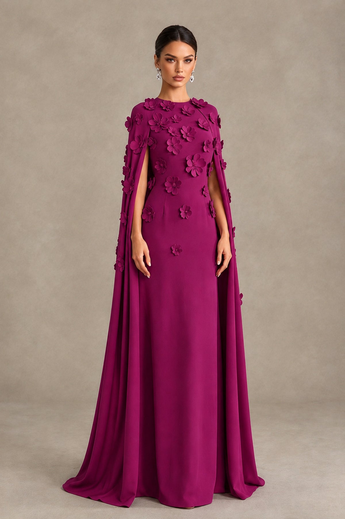 BOLODOO Fuchsia 3D Floral Applique Cape Formal Dress - Fuchsia - Fuchsia_3