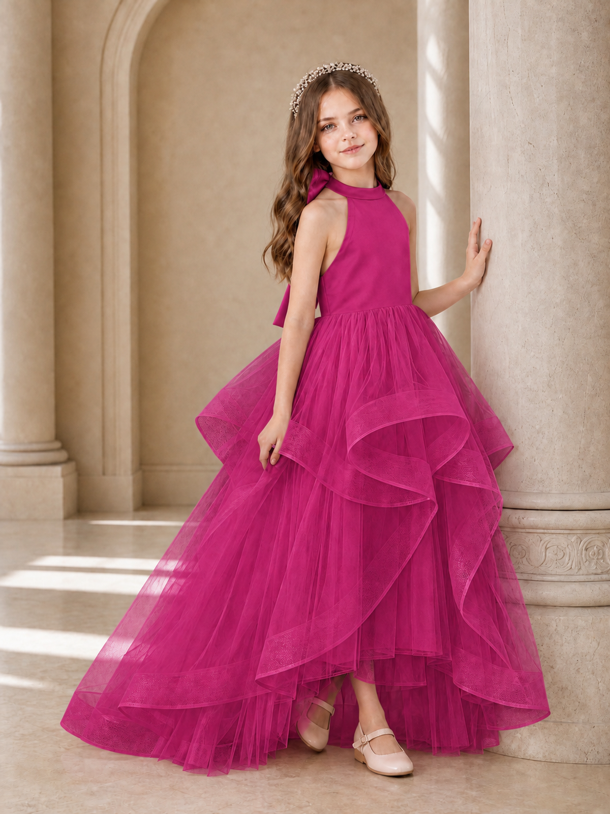BOLODOO Fuchsia Halter Tiered Tulle Flower Girl Dress with Bow Back - Fuchsia - Fuchsia_3