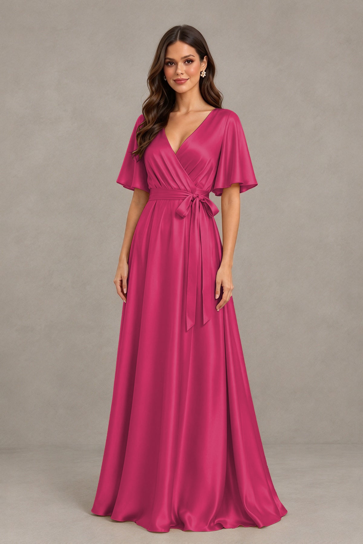 BOLODOO Fuchsia Satin V-Neck Flutter Sleeve Bridesmaid Dress with Slit - Fuchsia - Fuchsia(3)