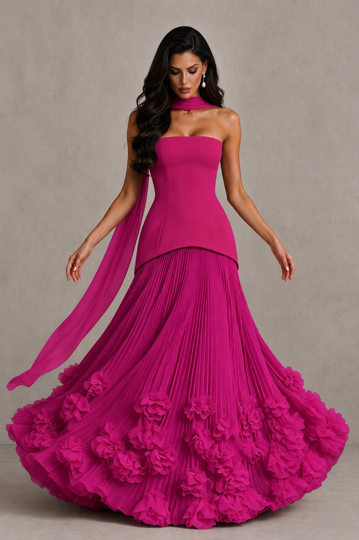 BOLODOO Fuchsia Strapless Pleated Floral Hem Evening Gown - Fuchsia - Fuchsia_3