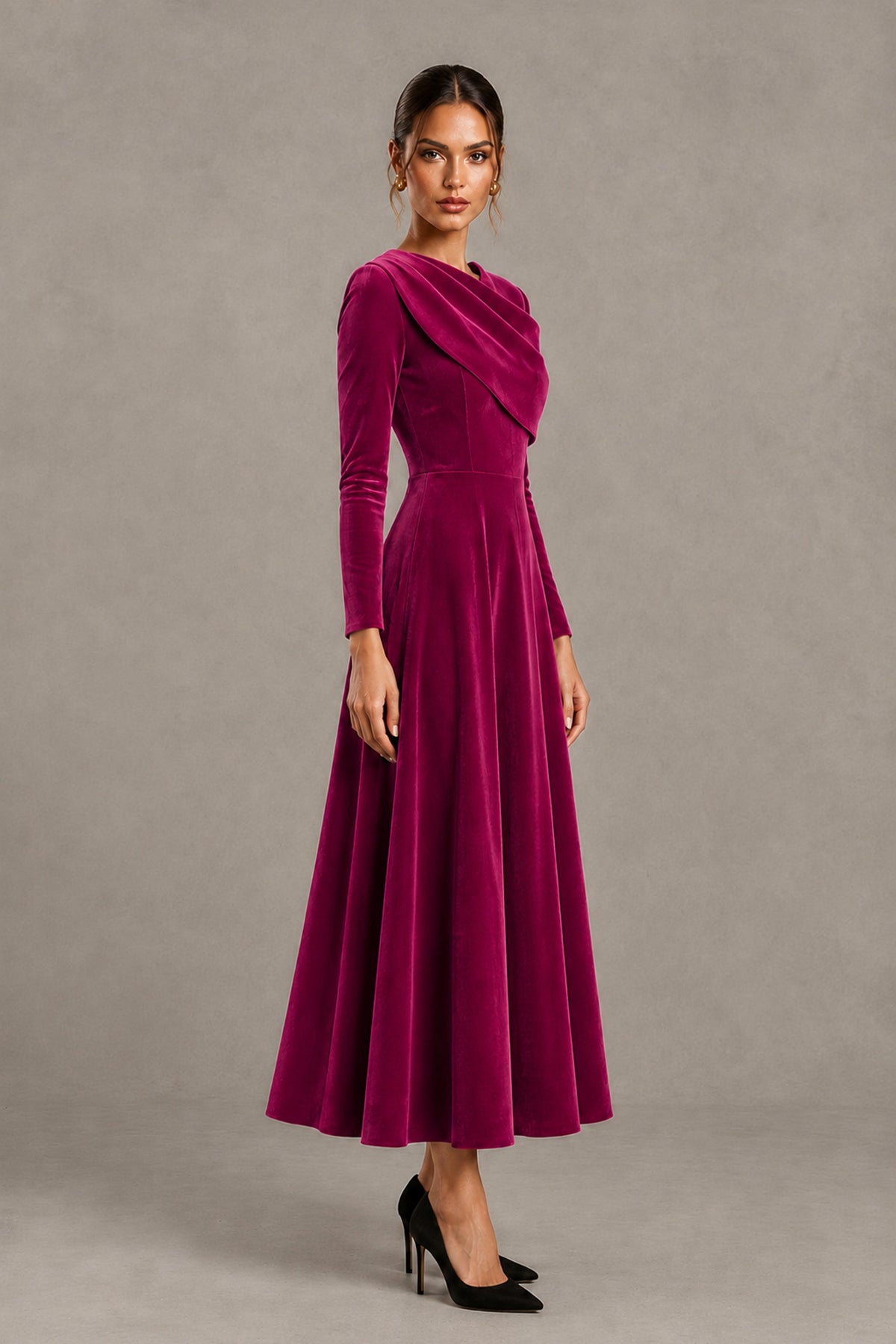 BOLODOO Fuchsia Velvet-Look Long Sleeve Tea-Length A-Line Dress with Draped Neckline - Fuchsia - Fuchsia_3