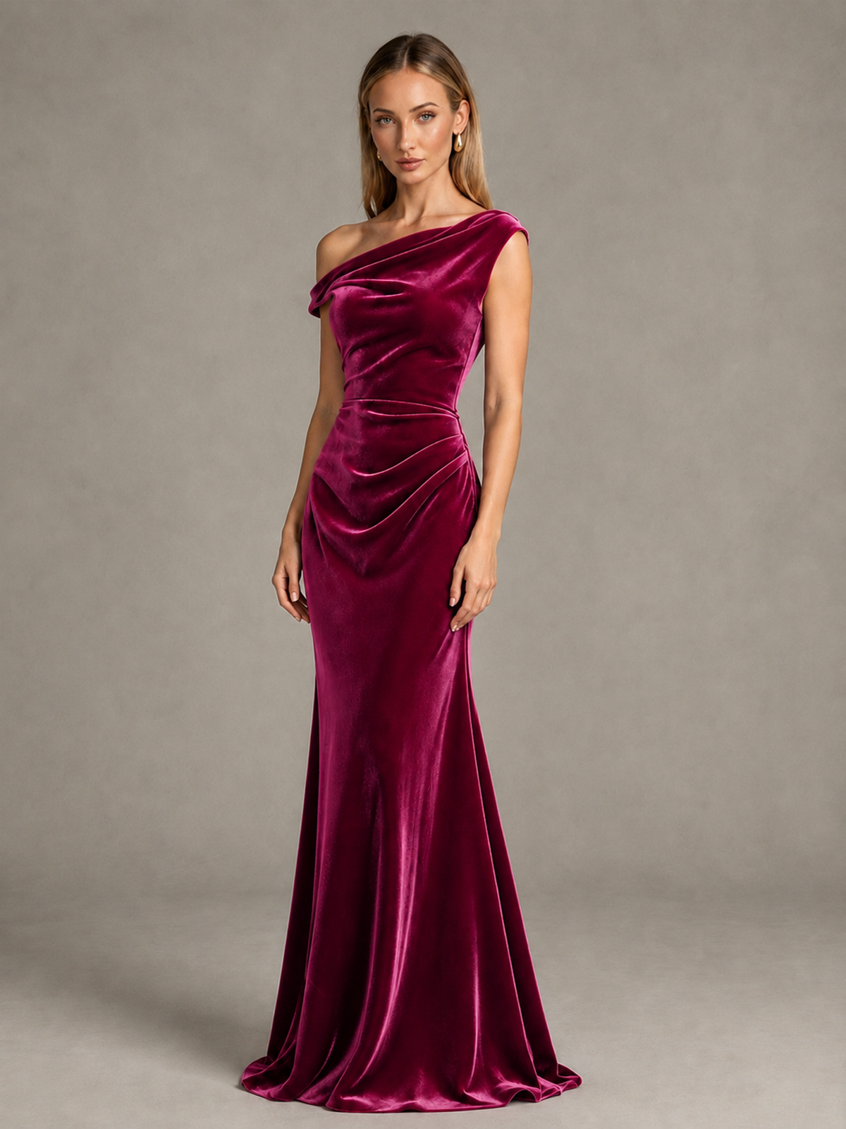 BOLODOO Fuchsia One-Shoulder Velvet Mermaid Evening Gown - Fuchsia - Fuchsia_3