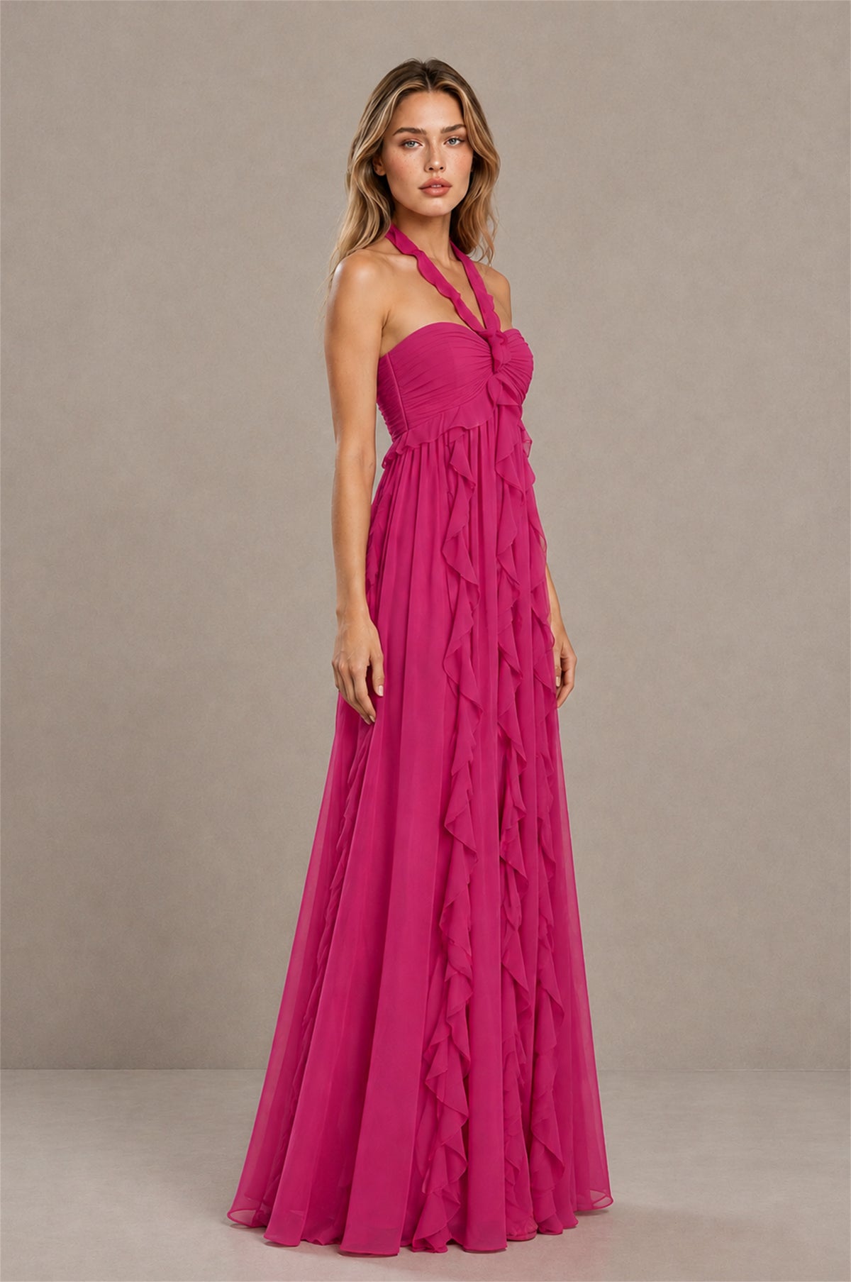 BOLODOO Fuchsia Halter Ruffle A-Line Floor-Length Evening Dress - Fuchsia - Fuchsia_3