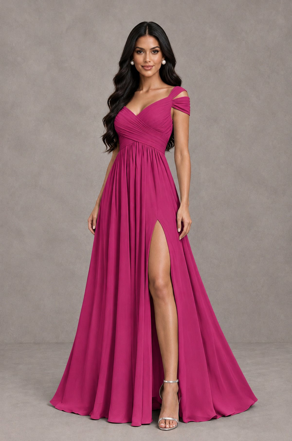 BOLODOO Fuchsia Cold Shoulder Chiffon Evening Dress with V Neck and High Slit - Fuchsia - Fuchsia_3