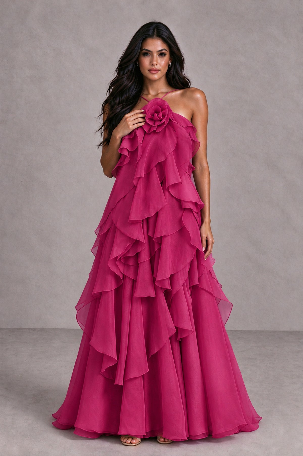 BOLODOO Fuchsia Cascading Ruffle Rosette Open-Back Maxi Dress - Fuchsia - Fuchsia_4