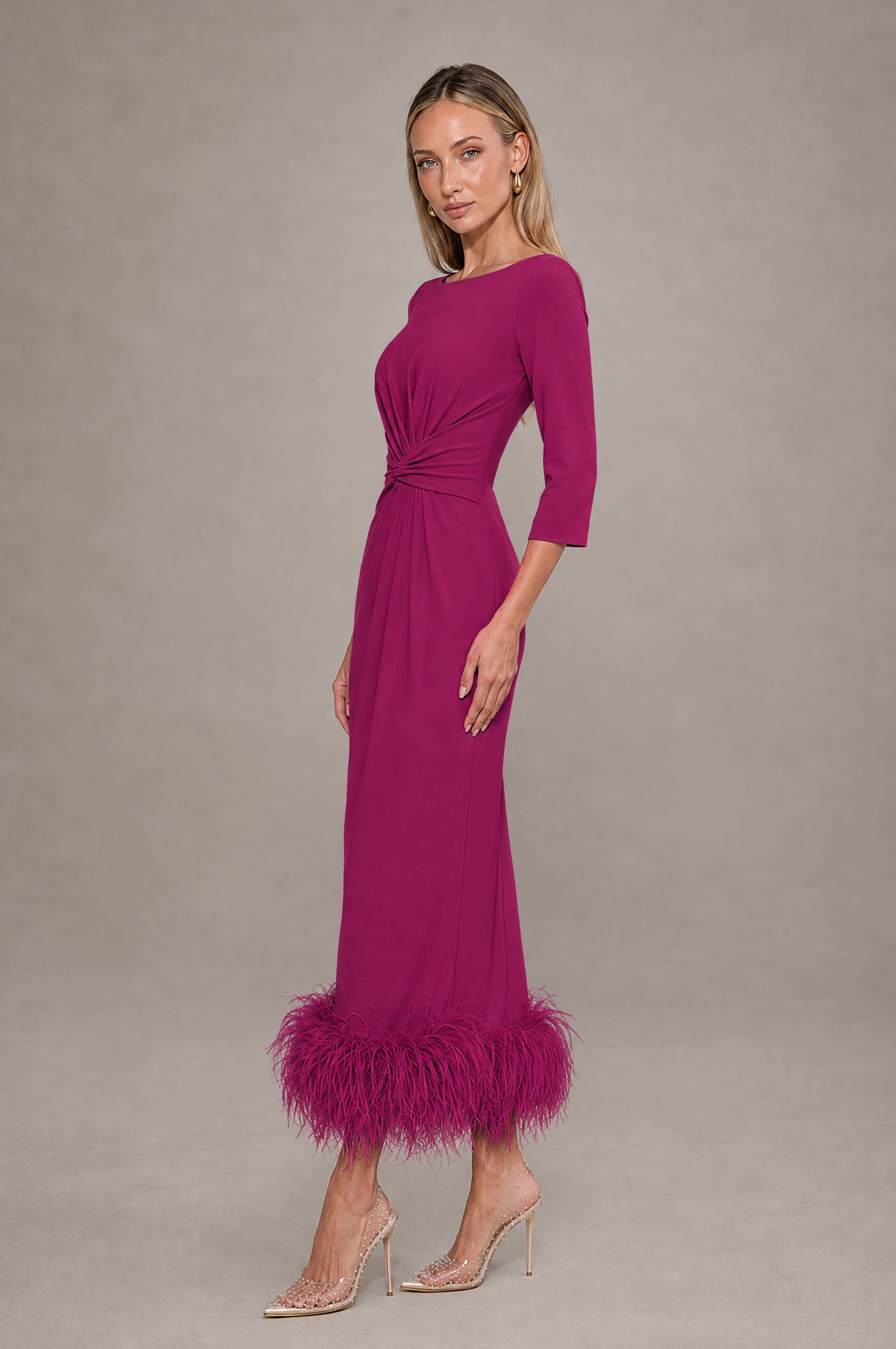 BOLODOO Fuchsia Feather-Trim Twist-Waist Midi Dress - Fuchsia - Fuchsia_4