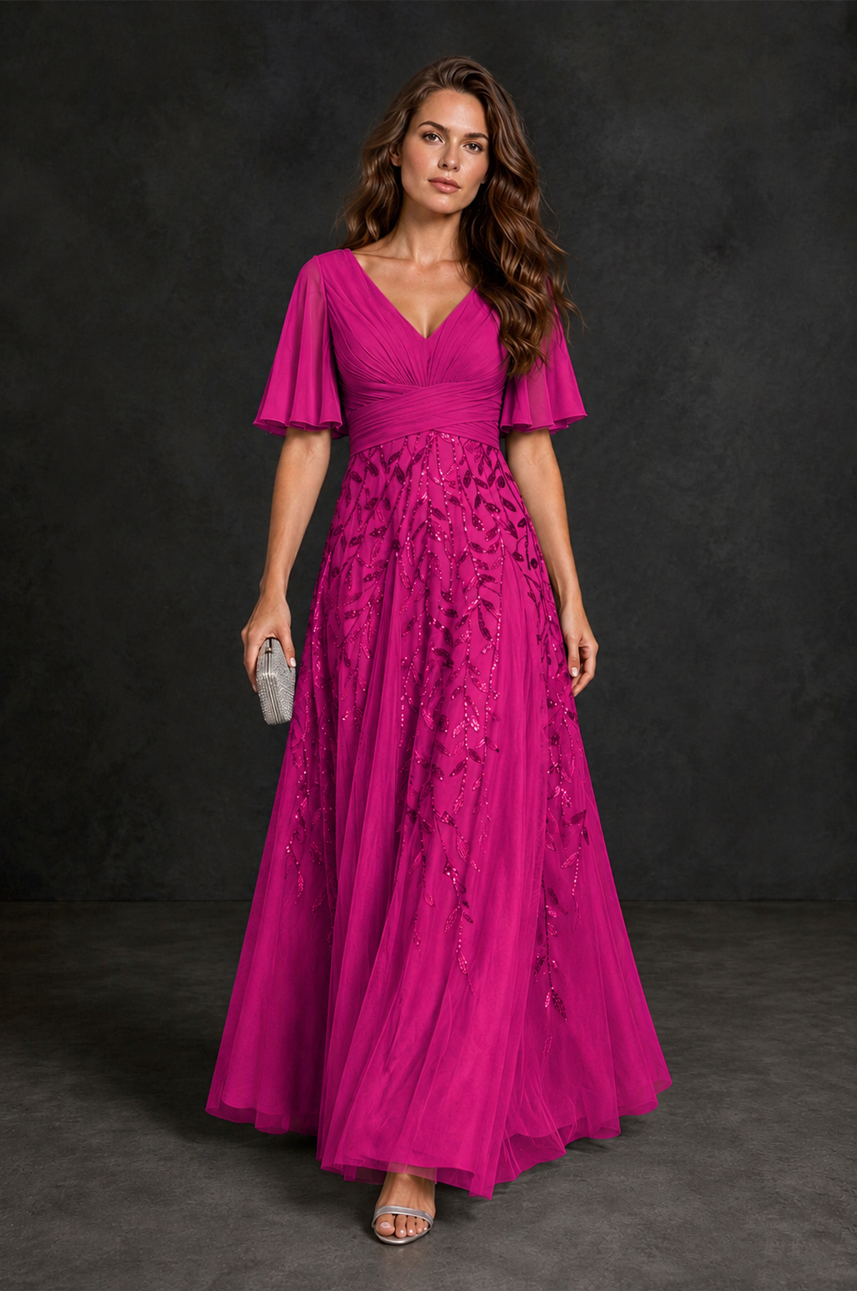 BOLODOO Fuchsia V-Neck Flutter Sleeve Beaded Botanical Tulle A-Line Gown | Mother of the Bride Evening Dress - Fuchsia - Fuchsia_4