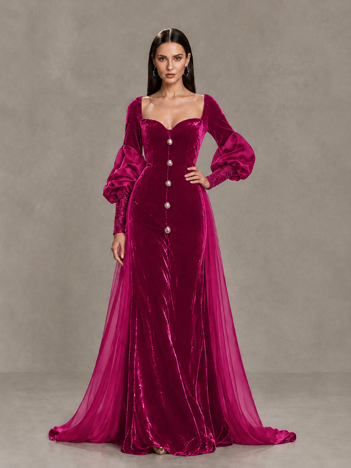 BOLODOO Fuchsia Velvet Long Sleeve Open-Back Evening Gown - Fuchsia - Fuchsia_4