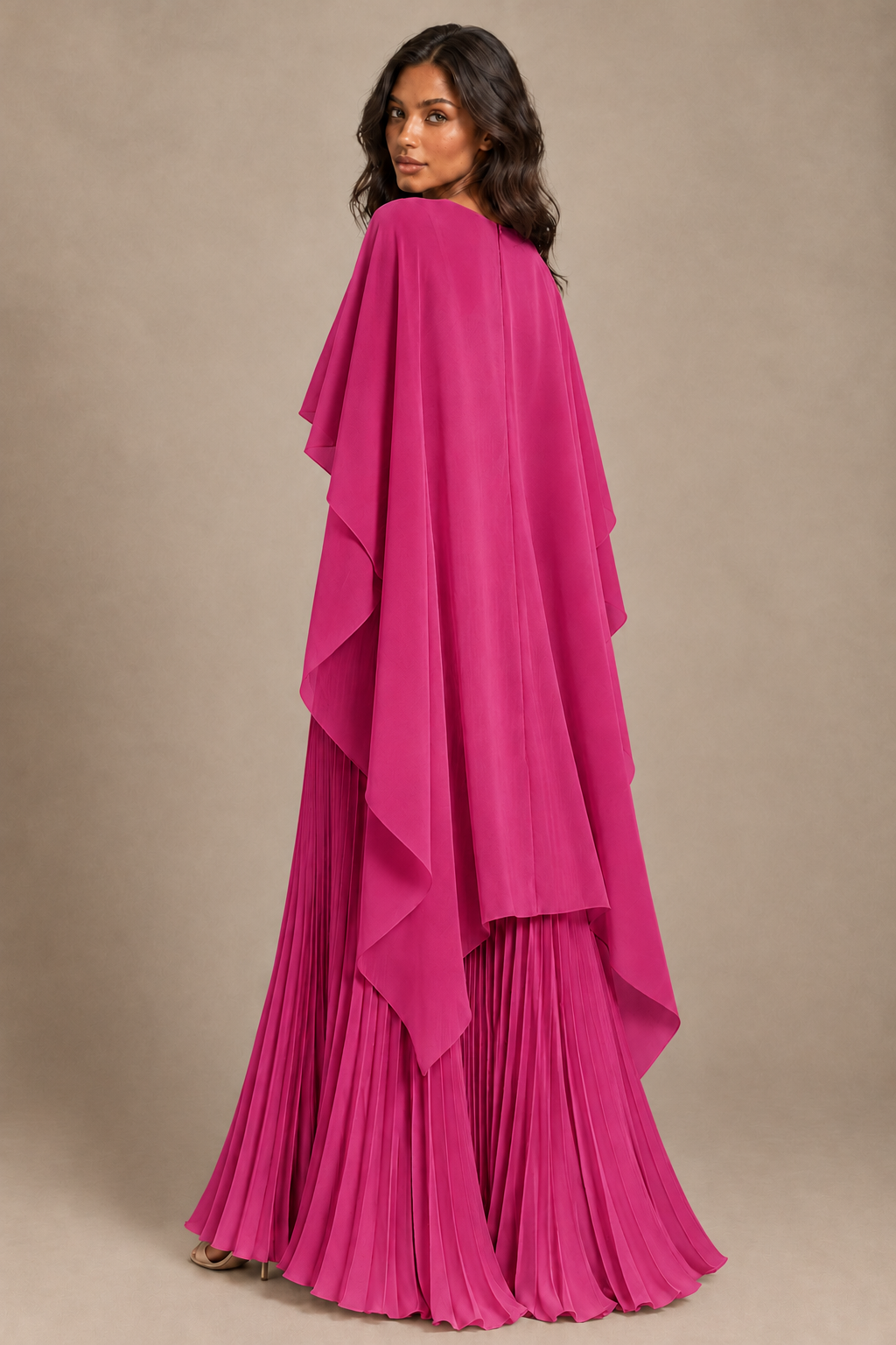 BOLODOO Fuchsia Pleated Cape A-Line Evening Dress - Fuchsia - Fuchsia_4