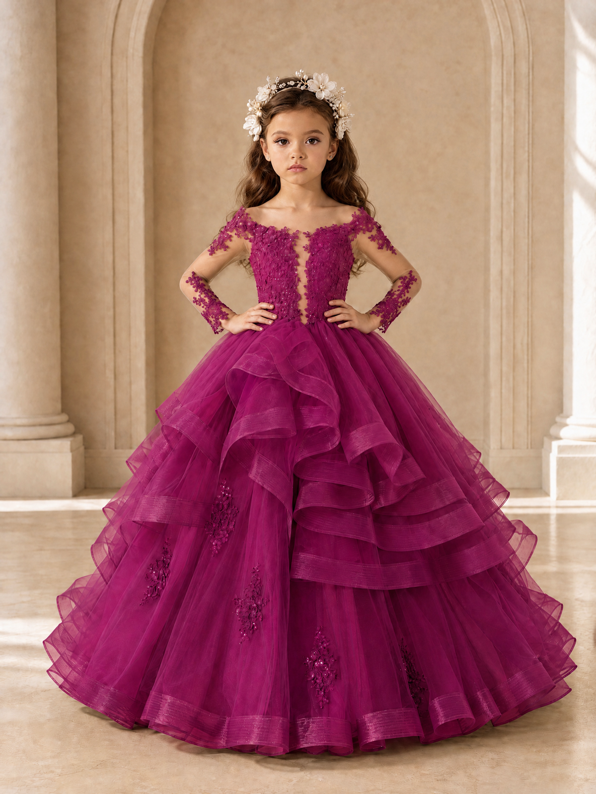 BOLODOO Fuchsia Lace Long Sleeve Tiered Flower Girl Dress - Fuchsia - Fuchsia_4