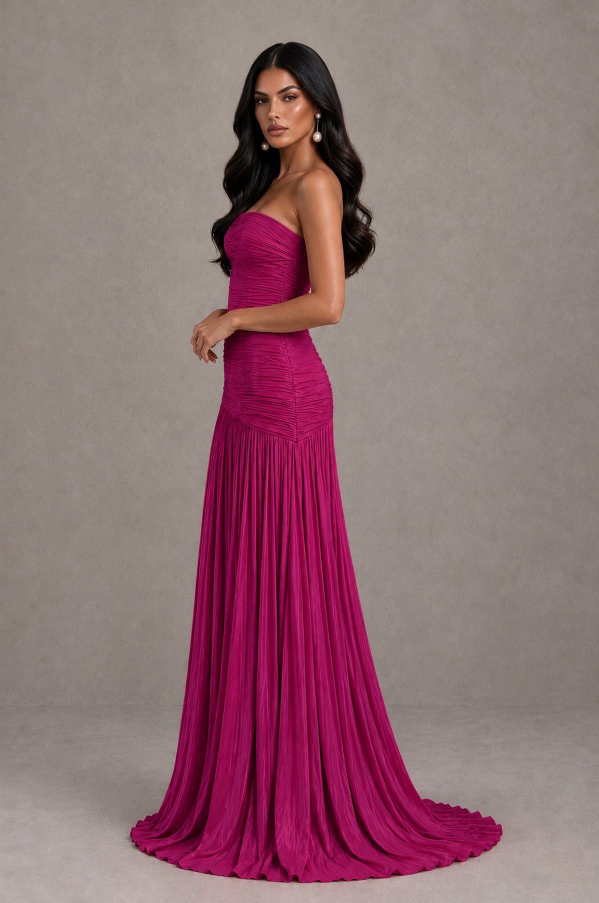 BOLODOO Fuchsia Metallic Ruched Strapless Pleated A-Line Backless Maxi Dress with Train - Fuchsia - Fuchsia_4