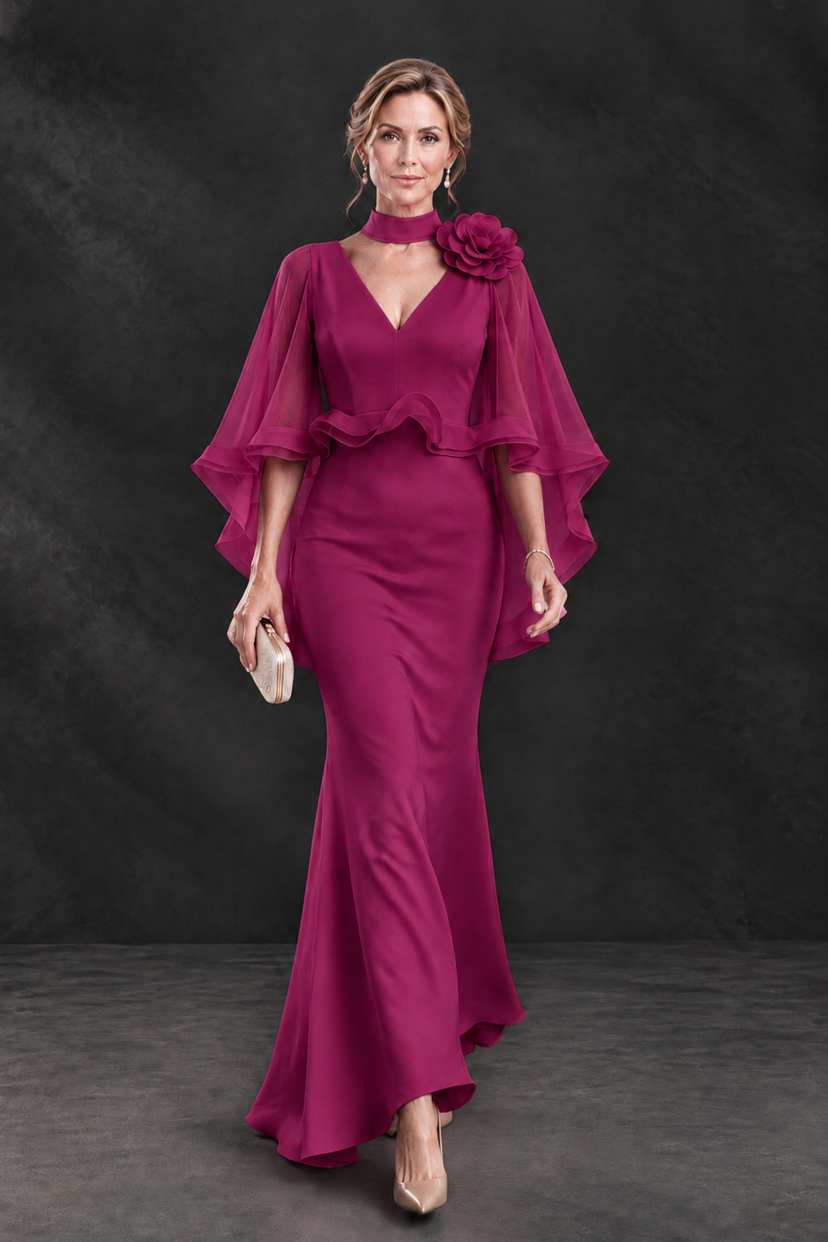 BOLODOO Fuchsia Floral Cape Sleeve Mother of the Bride Dress - Fuchsia - Fuchsia_4