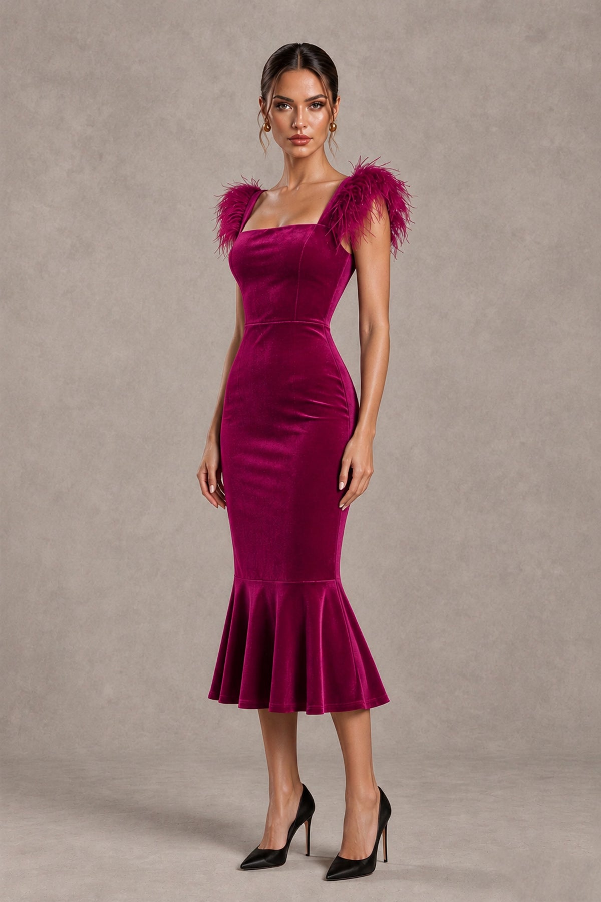 BOLODOO Fuchsia Feather-Trim Velvet-Look Mermaid Midi Dress - Fuchsia - Fuchsia_4