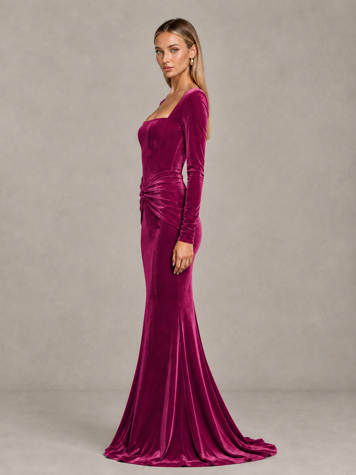 BOLODOO Fuchsia Velvet-Look Square Neck Long Sleeve Mermaid Evening Dress - Fuchsia - Fuchsia_4