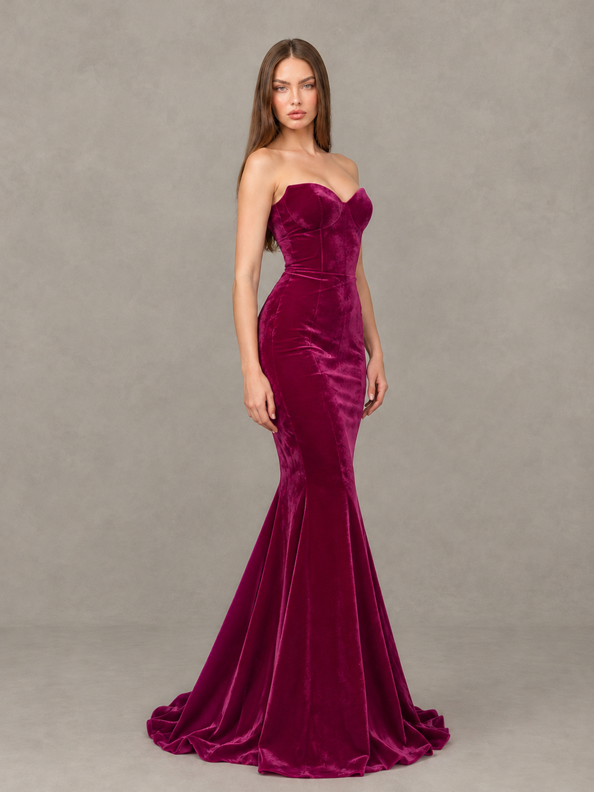 BOLODOO Fuchsia Strapless Sweetheart Velvet-Look Mermaid Evening Dress - Fuchsia - Fuchsia_4