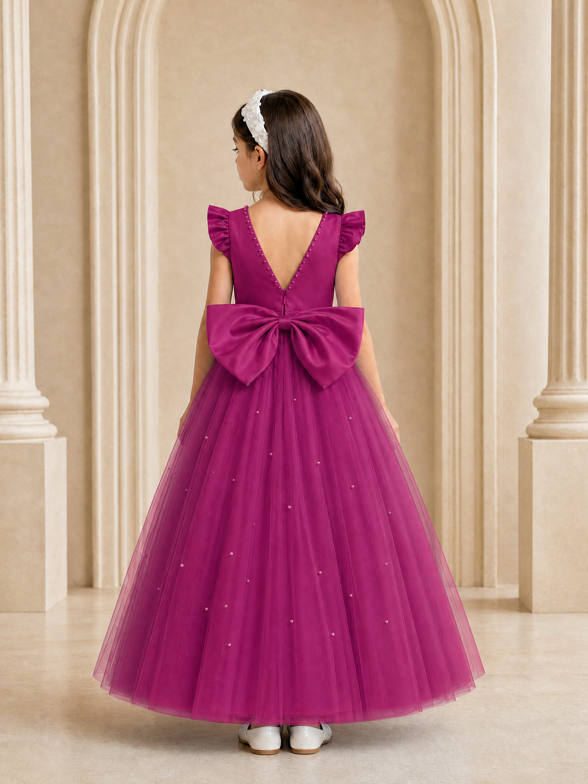 BOLODOO Fuchsia Tulle Flower Girl Dress with Ruffle Sleeves & Bow Back - Fuchsia - Fuchsia_4