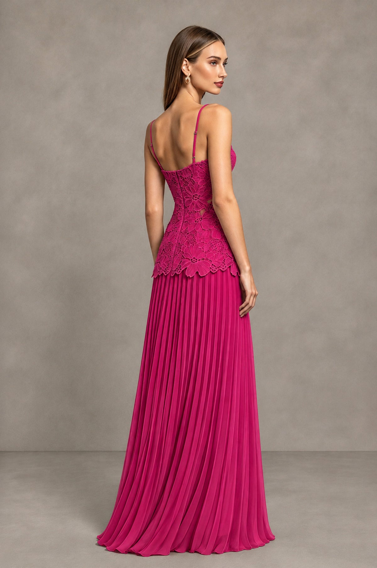 BOLODOO Fuchsia Lace Bodice Pleated Wedding Guest Dress - Fuchsia - Fuchsia_4