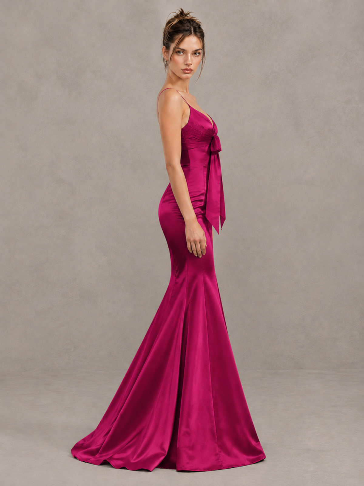 BOLODOO Fuchsia Satin-Look Mermaid Prom Dress with Bow - Fuchsia - Fuchsia_4