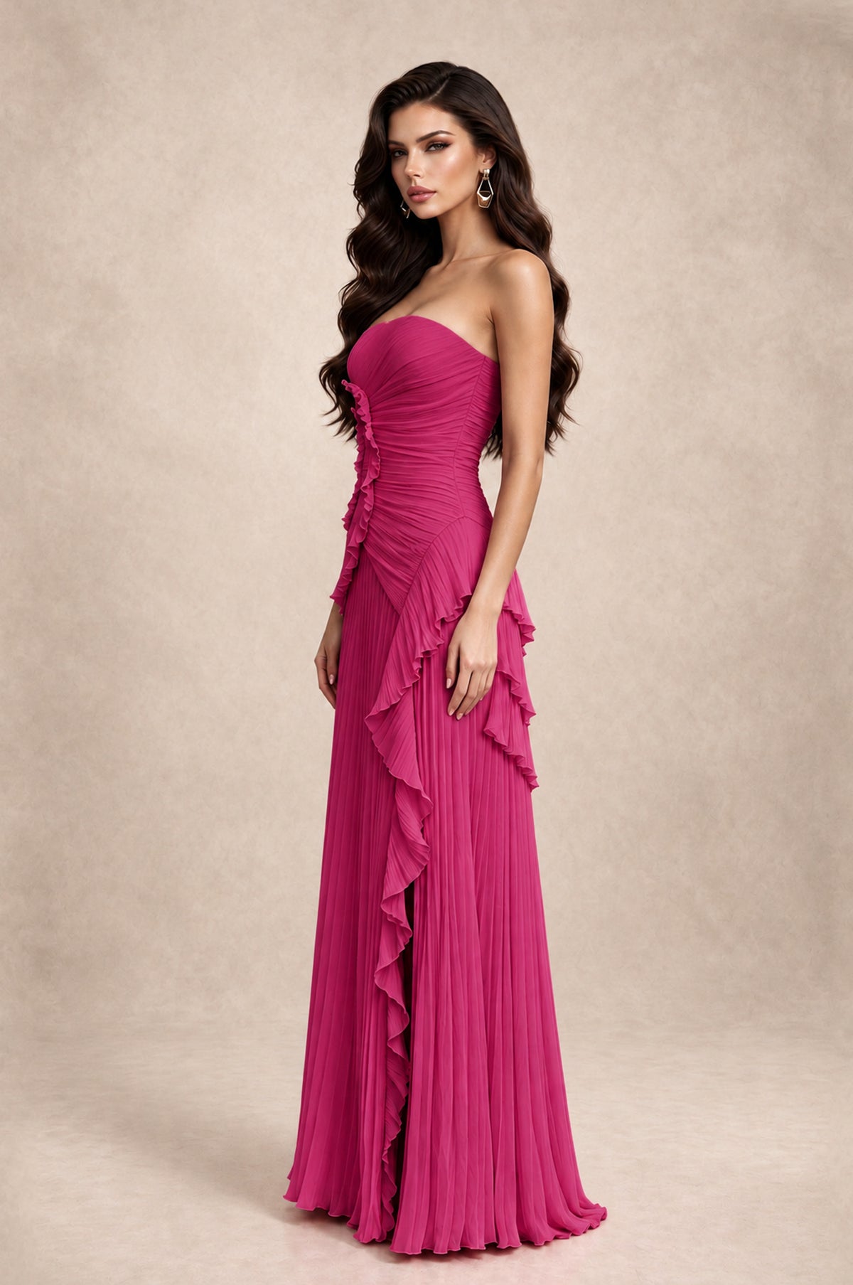 BOLODOO Fuchsia Strapless Ruffle Pleated Slit Evening Gown - Fuchsia - Fuchsia_4