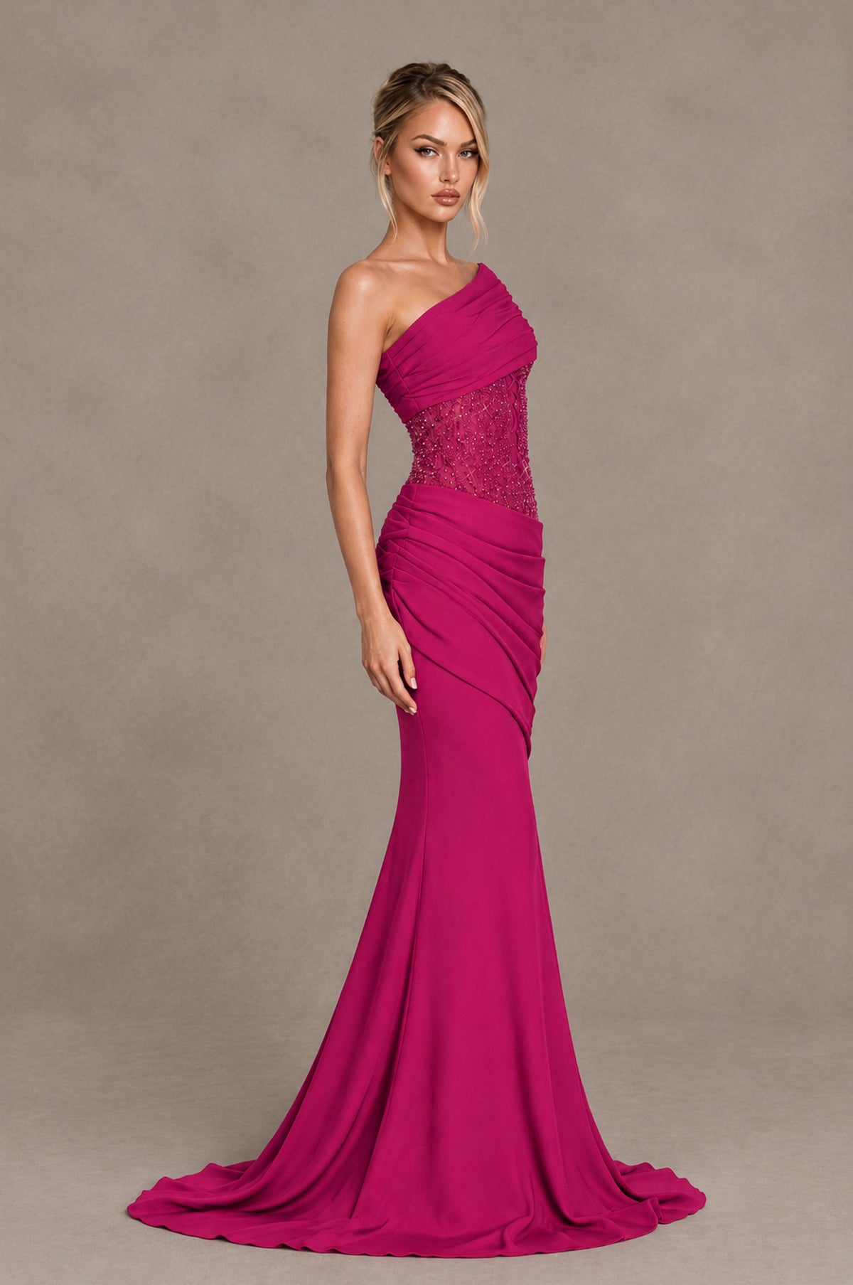 BOLODOO Fuchsia One-Shoulder Sequin Embroidered Ruched Mermaid Gown with Train - Fuchsia - Fuchsia_4