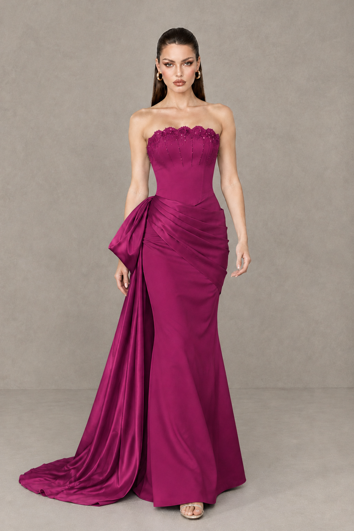 BOLODOO Fuchsia Strapless Satin Prom Dress with Draped Side Train - Fuchsia - Fuchsia_4