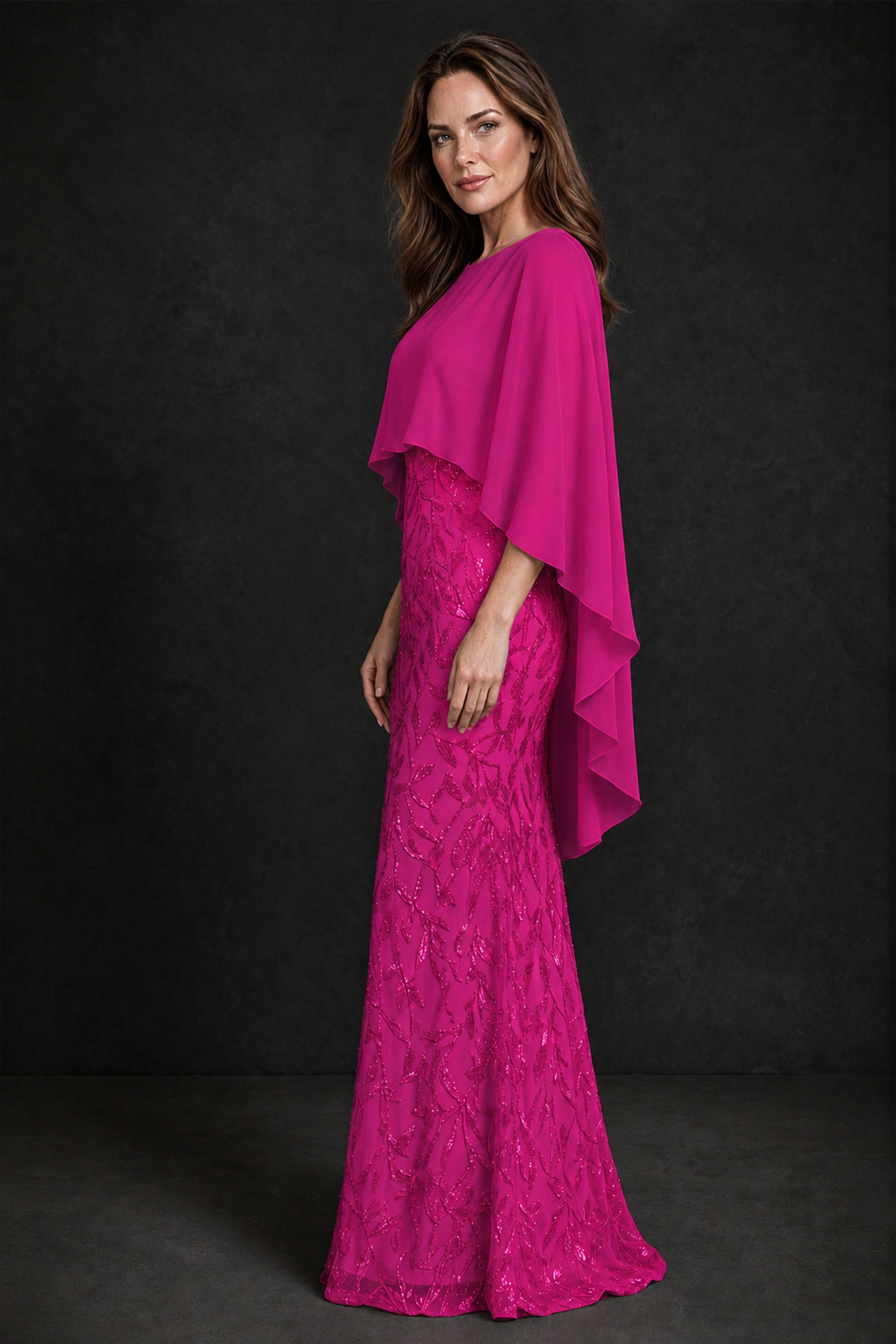 BOLODOO Fuchsia Round Neck Chiffon Cape Overlay Sequin Lace Mermaid Maxi Dress - Fuchsia - Fuchsia_4
