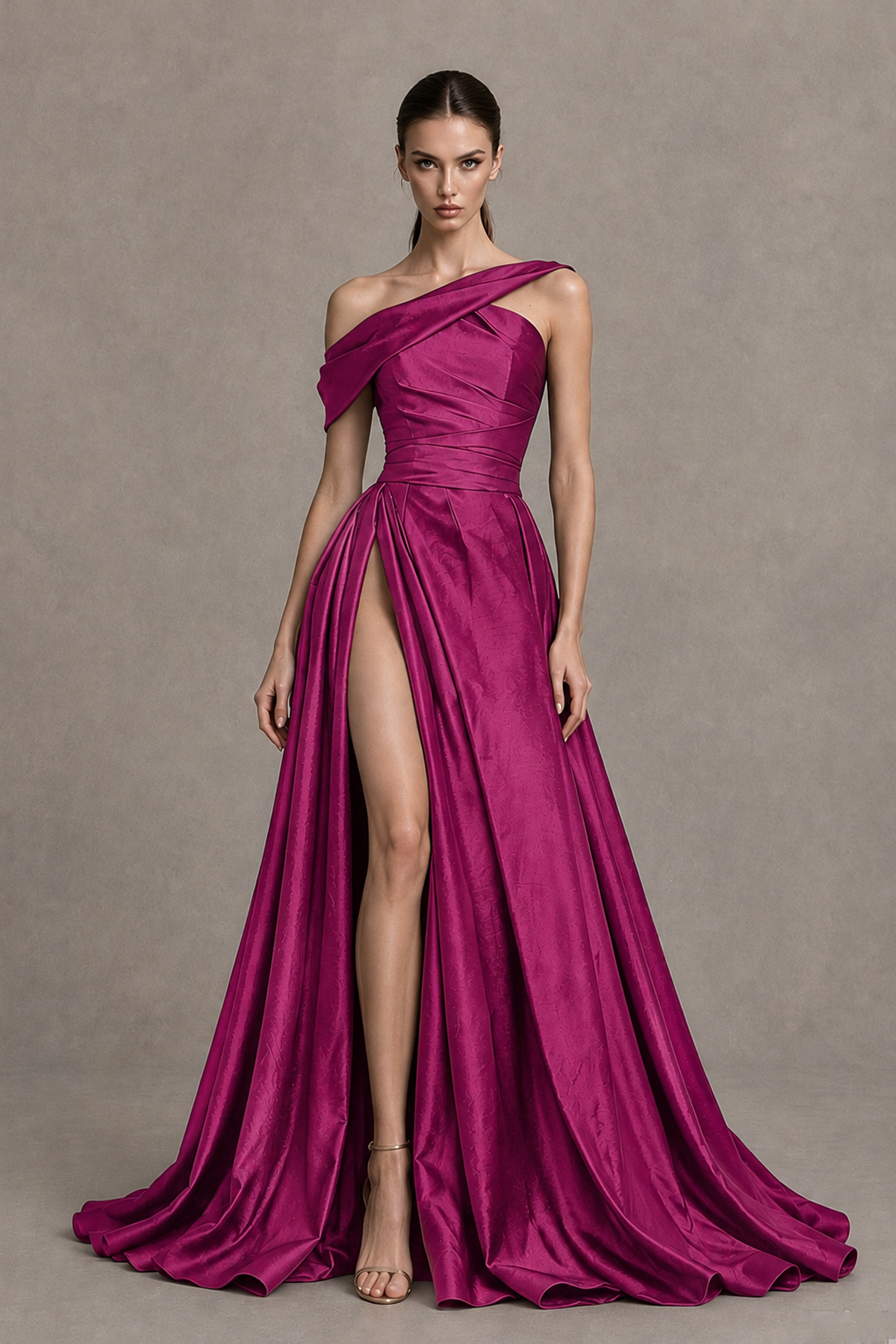 BOLODOO Fuchsia Asymmetric Satin-Look A-Line Prom Dress with High Slit - Fuchsia - Fuchsia_4