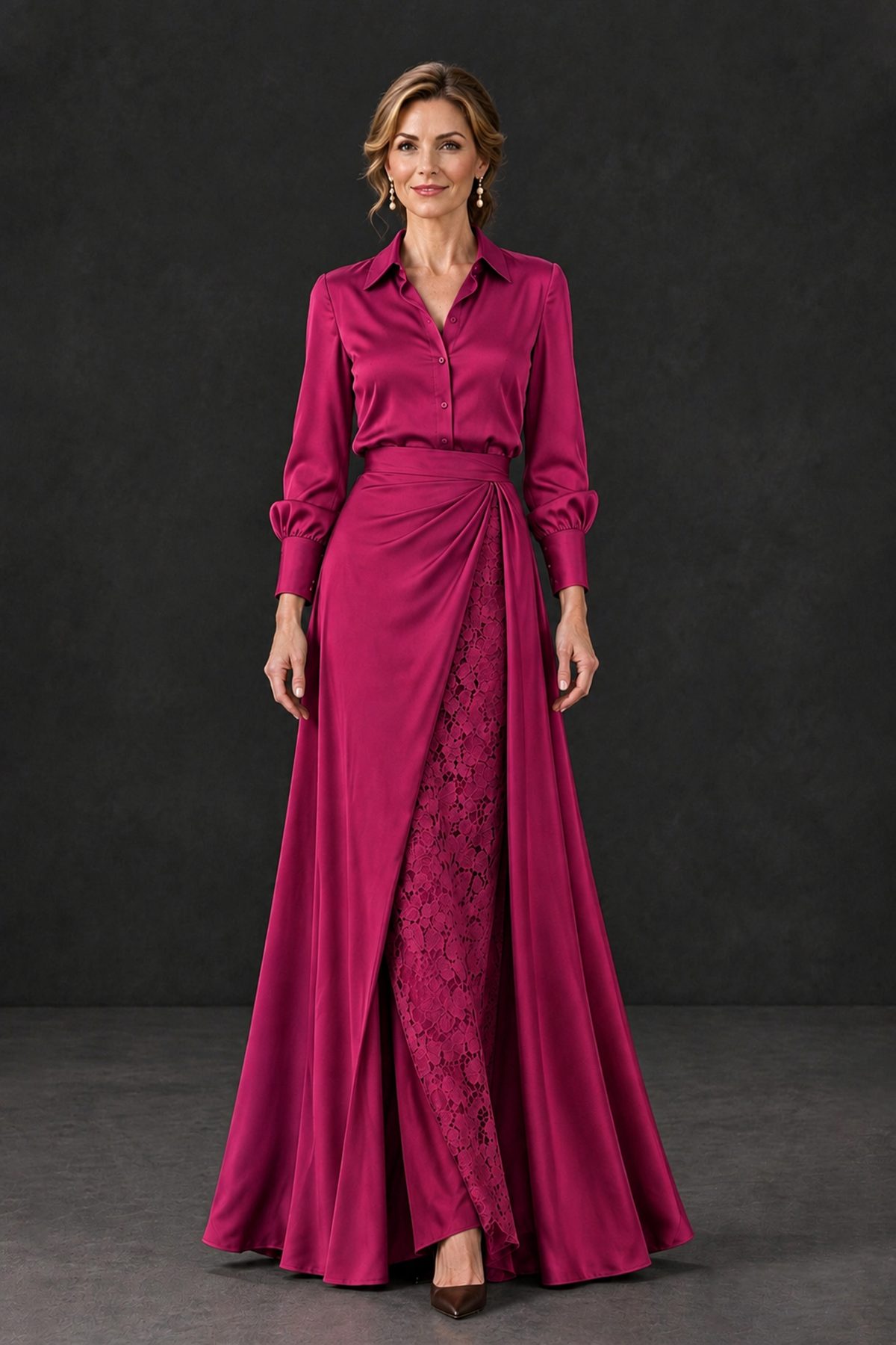 BOLODOO Fuchsia Long Sleeve Satin-Look Lace Panel Gown - Fuchsia - Fuchsia_4