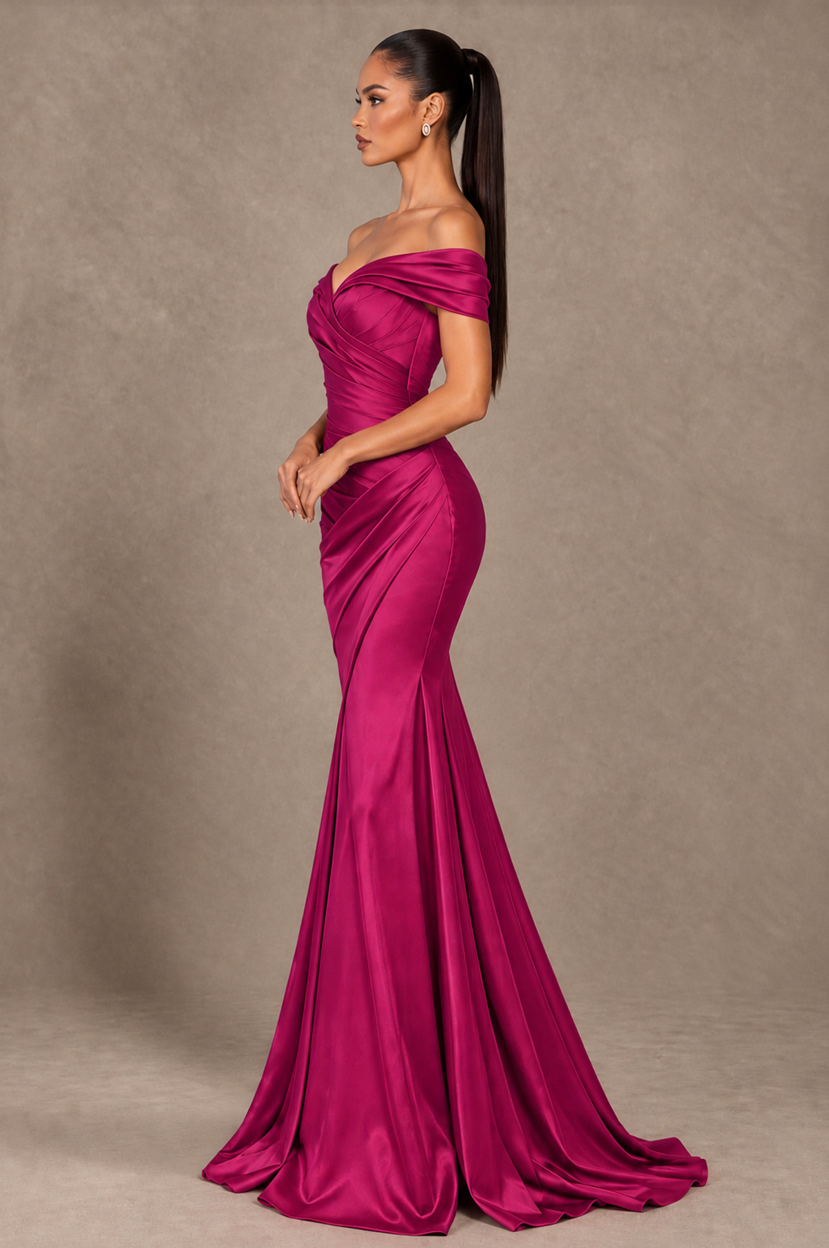 BOLODOO Fuchsia Off-the-Shoulder Ruched Satin Mermaid Evening Dress - Fuchsia - Fuchsia_4