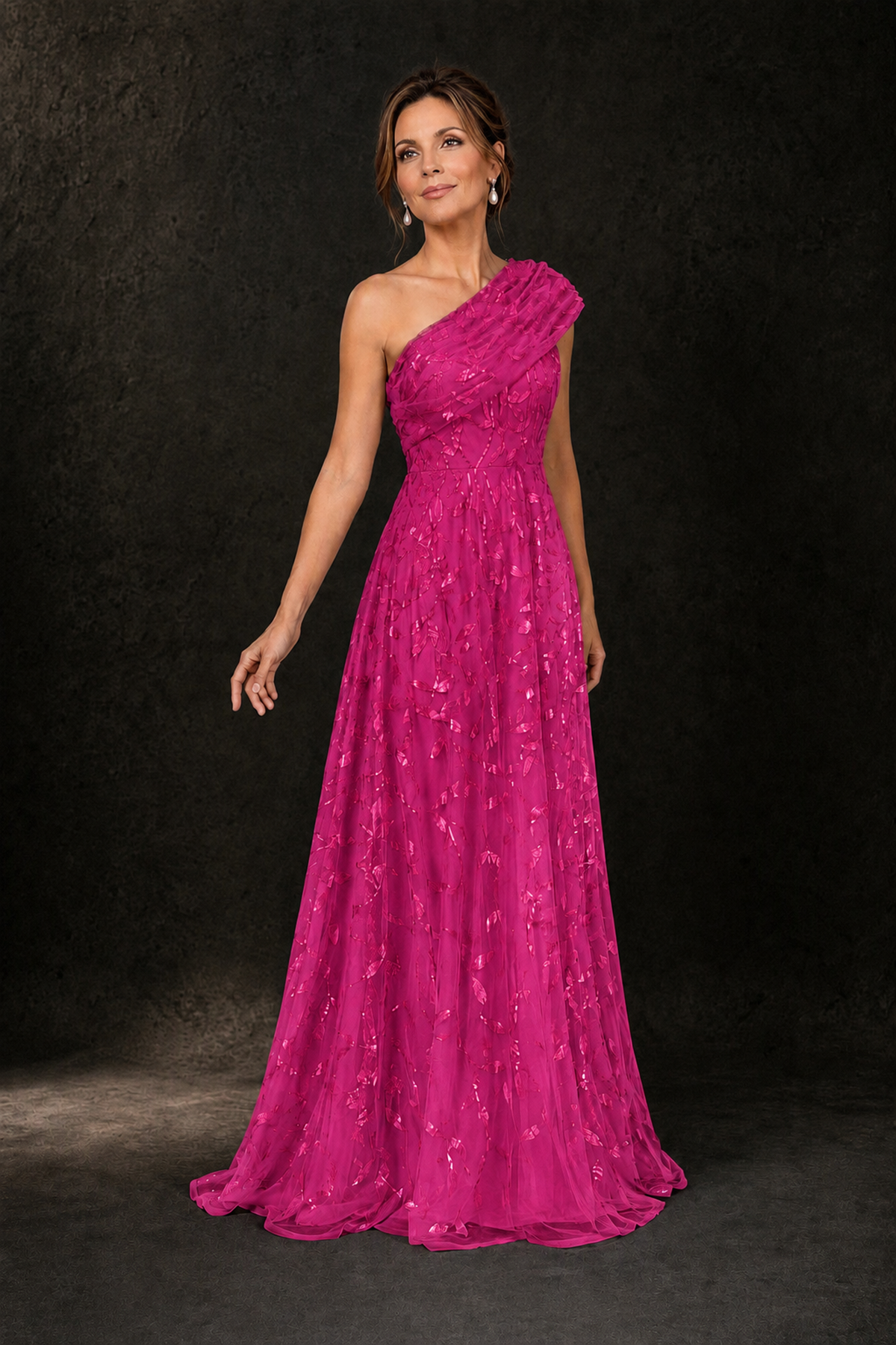 BOLODOO Fuchsia Leaf Sequin One-Shoulder A-Line Maxi Gown – Mother of the Bride & Formal Evening Dress - Fuchsia - Fuchsia_4