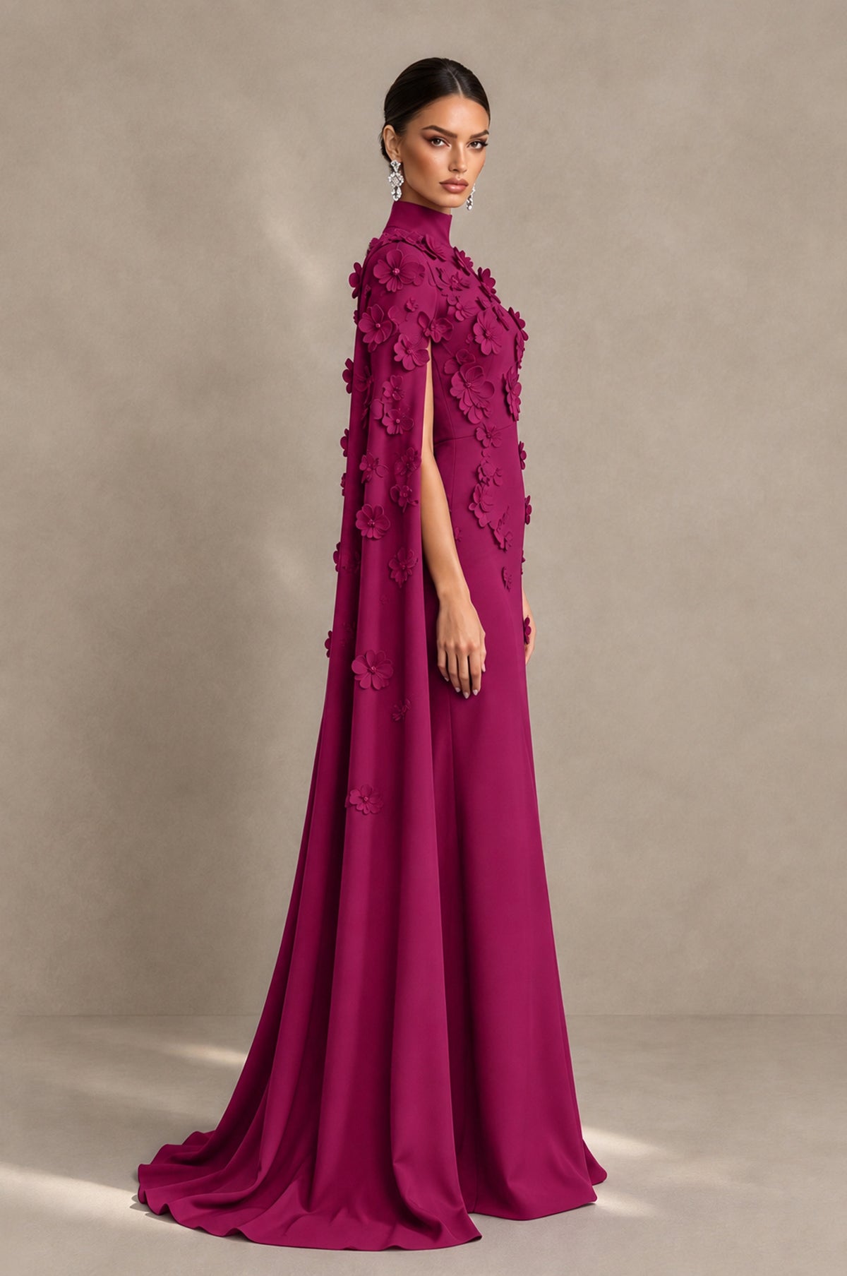 BOLODOO Fuchsia 3D Floral Applique Cape Formal Dress - Fuchsia - Fuchsia_4